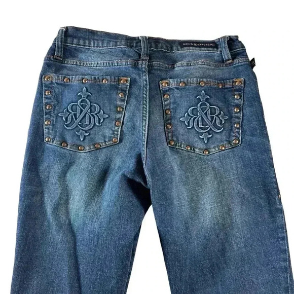 Rock & Republic Kasandra Bootcut Jeans Sz 8M Dark Wash Blue Distressed Studded - Picture 14 of 16